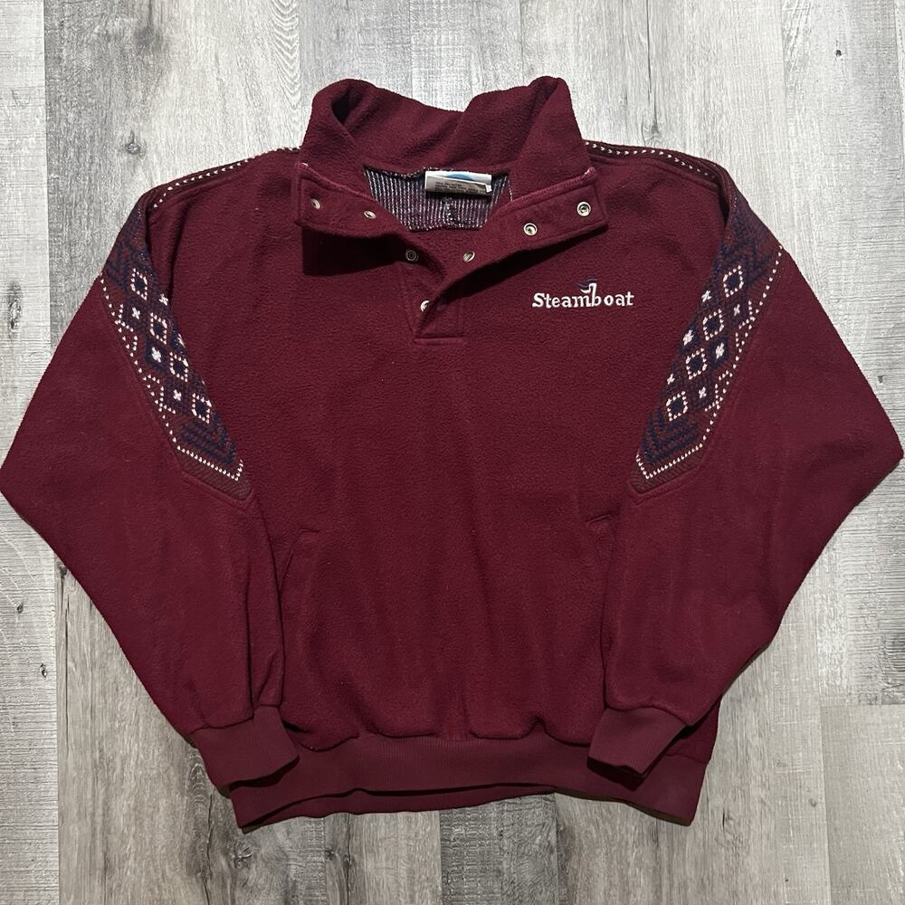 VTG 90s Steamboat Springs Ski Resort Burgundy Snap Collar Fleece Sweatshirt XL